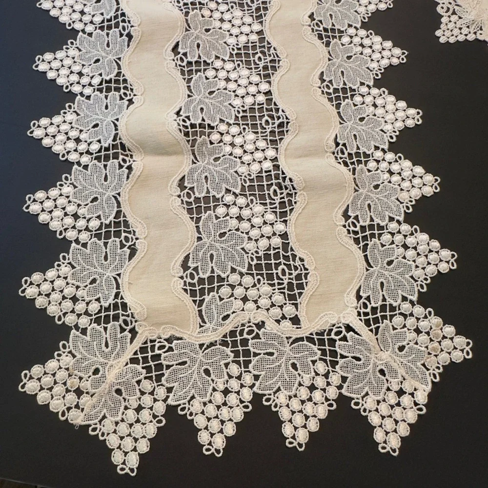 Vintage Beige Lace Table Runner and Doily Set Grape Vine Motif Scalloped Edge